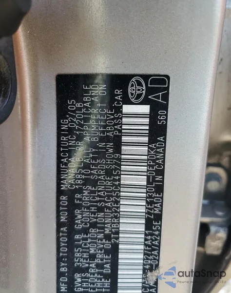 2005 Toyota Corolla Ce z USA, uszkodzony, nr VIN 2T1BR32E25C445779